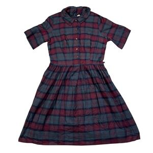 Vintage Plaid Button Front Shirt Dress Burgundy Green Short Sleeve Midi 70s 80s